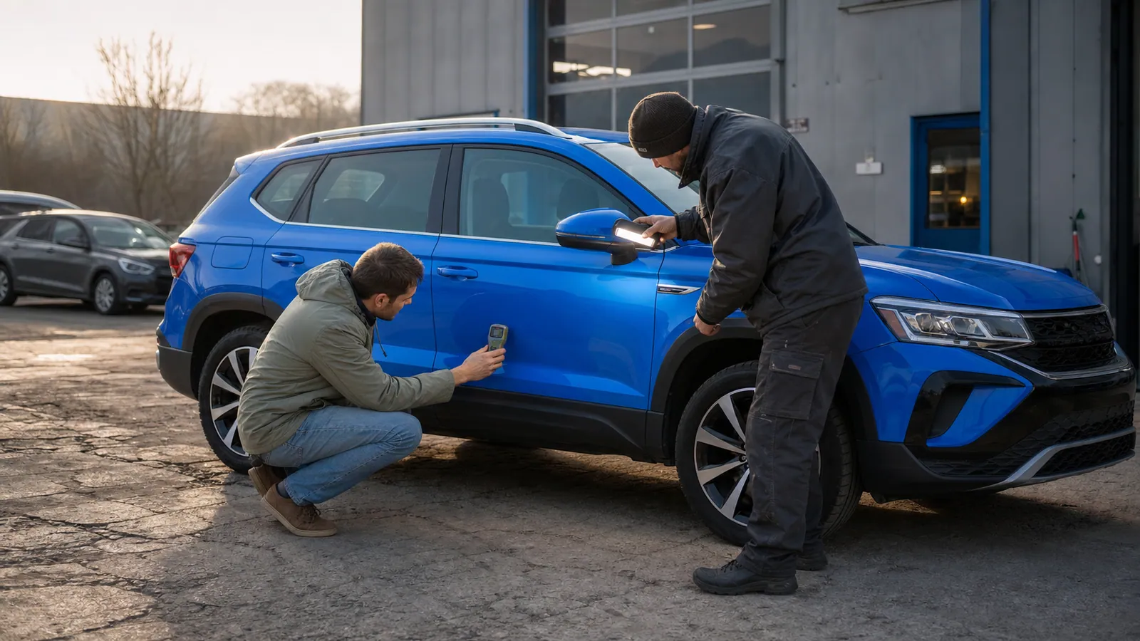 Покупатель и мастер осматривают кузов Volkswagen Taos перед покупкой